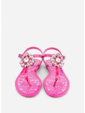 Dolce & Gabbana Fuchsia Crystal Flat Sandal Lace Print Footbed EU 36 US 6 New
